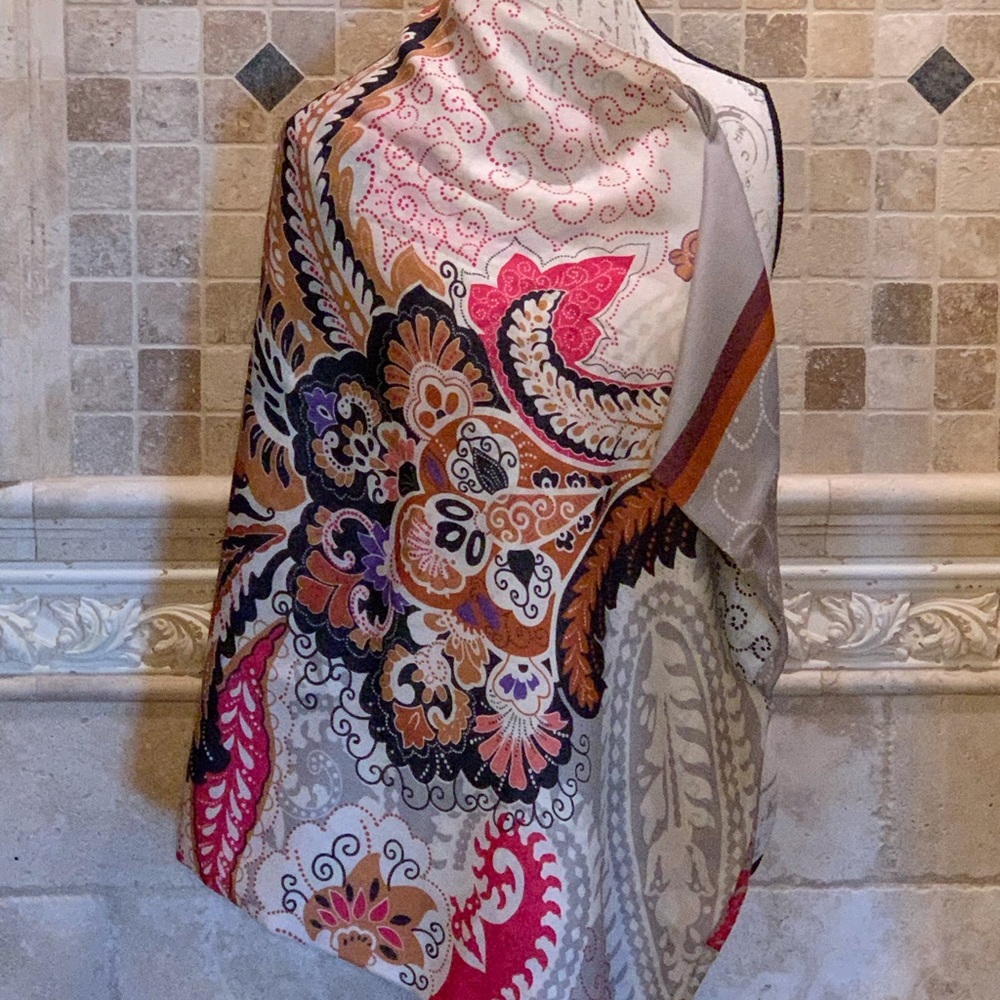 CAbi Vibrant Paisley Scarf in Red, Pink, and Orange